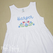 Personalized Patriotic Dress with American Flags and Hydrangeas