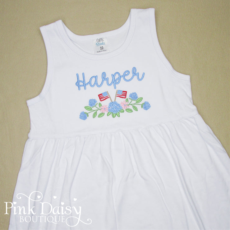 Personalized Patriotic Dress with American Flags and Hydrangeas
