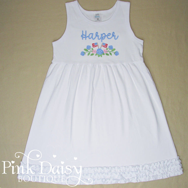 Personalized Patriotic Dress with American Flags and Hydrangeas