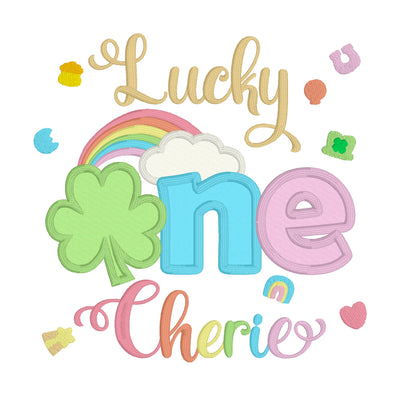 Lucky ONE first birthday embroidered shirt design for girls, featuring a green shamrock, colorful rainbow, white cloud, and St. Patrick’s Day themed accents. The words Lucky and one are stitched in gold, blue, and pink, with the personalized name Cherie underneath in rainbow colors. Perfect for St. Patrick’s Day birthday outfit, lucky first birthday party, cake smash outfit, toddler birthday photo shoot, or custom embroidered baby gift.