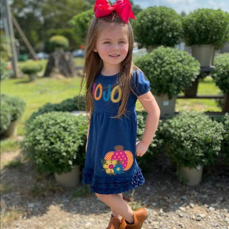 Personalized Pumpkin Appliqué Dress in Navy, Mustard, Teal, and Berry