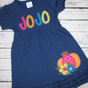 Personalized Pumpkin Appliqué Dress in Navy, Mustard, Teal, and Berry