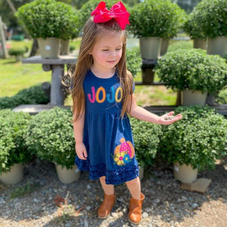 Personalized Pumpkin Appliqué Dress in Navy, Mustard, Teal, and Berry
