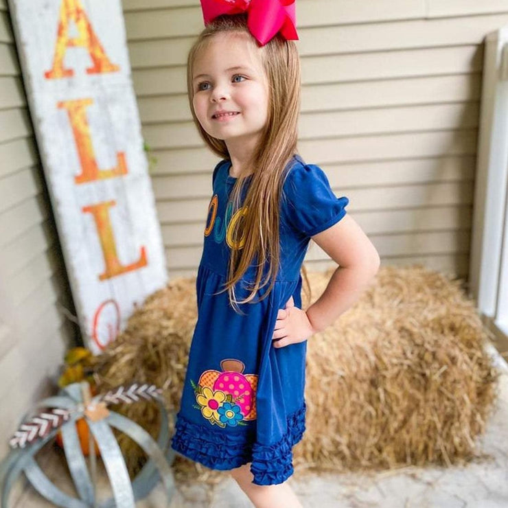 Personalized Pumpkin Appliqué Dress in Navy, Mustard, Teal, and Berry