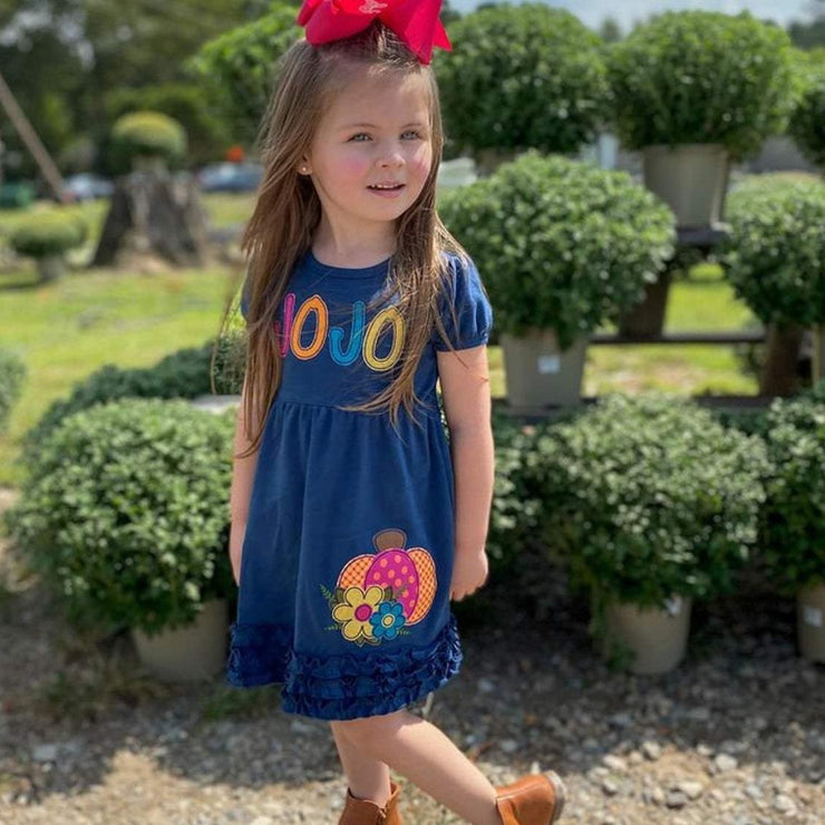 Personalized Pumpkin Appliqué Dress in Navy, Mustard, Teal, and Berry