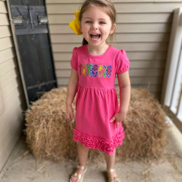 Hot Pink Appliqué Dress with Rainbow Name