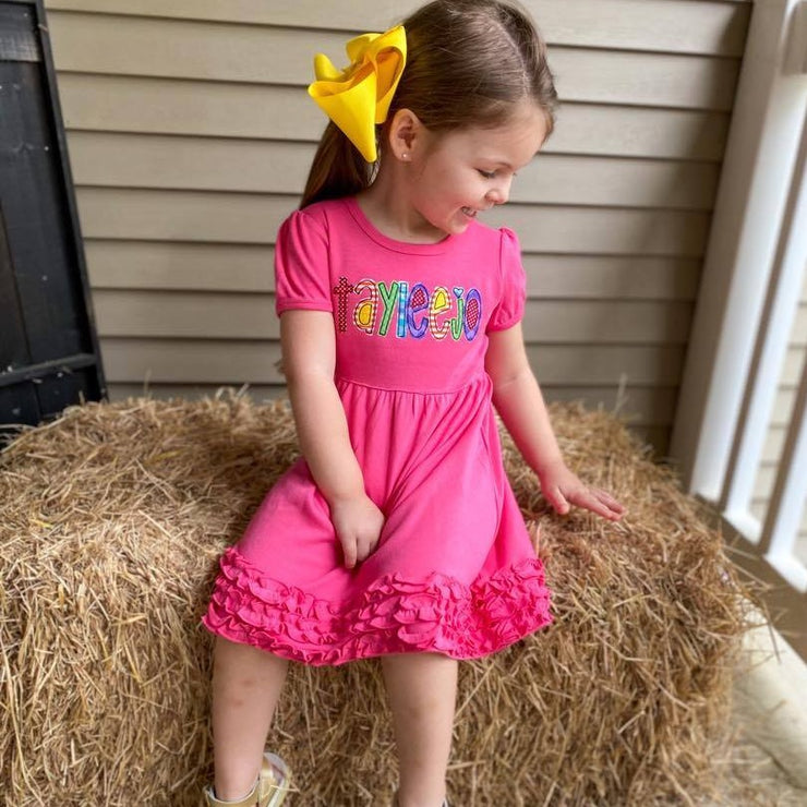 Hot Pink Appliqué Dress with Rainbow Name