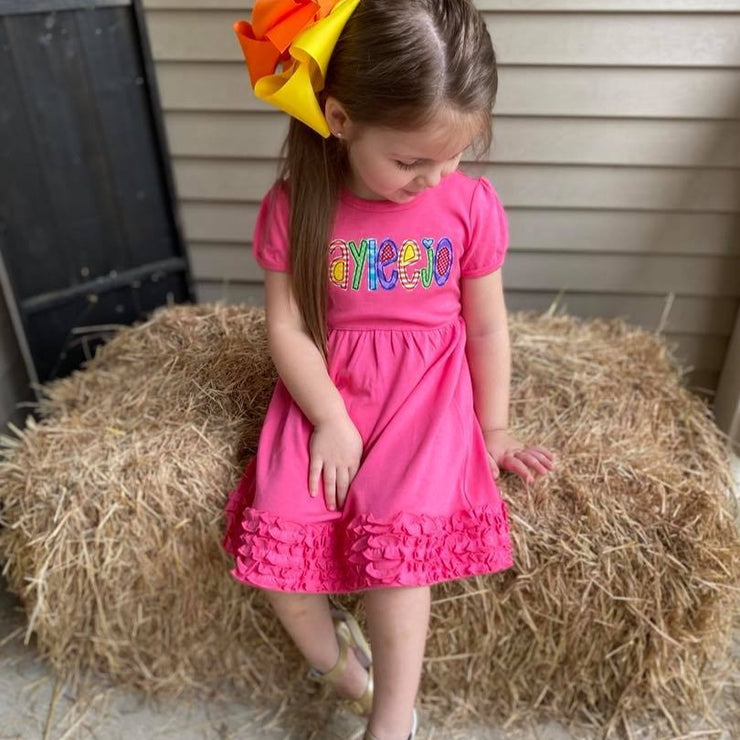 Hot Pink Appliqué Dress with Rainbow Name