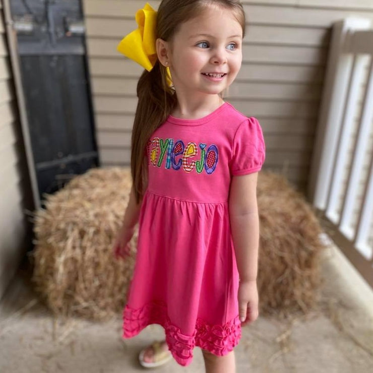 Hot Pink Appliqué Dress with Rainbow Name