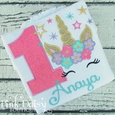 Appliqué Birthday Shirt with Floral Unicorn and Stars