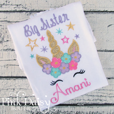 Big Sister Appliqué Birthday Shirt with Floral Unicorn and Stars