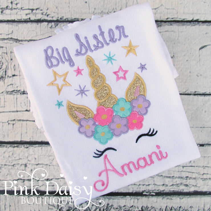Big Sister Appliqué Birthday Shirt with Floral Unicorn and Stars