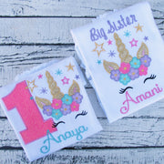 Big Sister Appliqué Birthday Shirt with Floral Unicorn and Stars