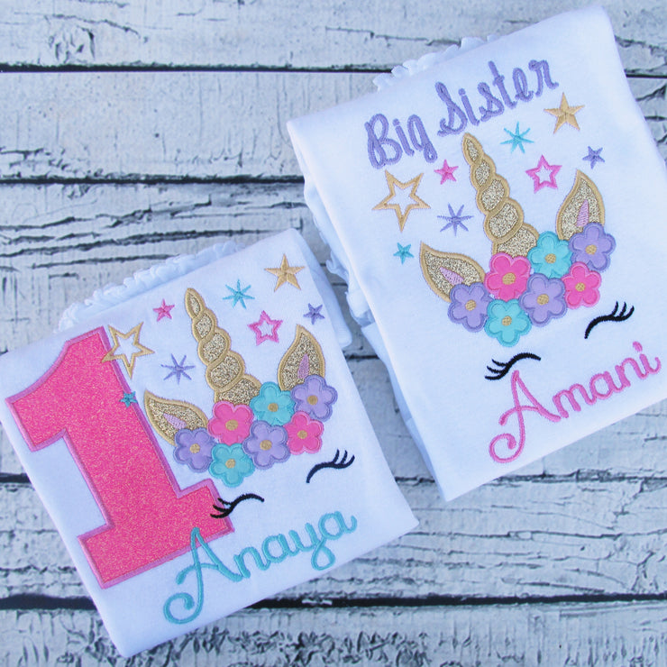 Big Sister Appliqué Birthday Shirt with Floral Unicorn and Stars