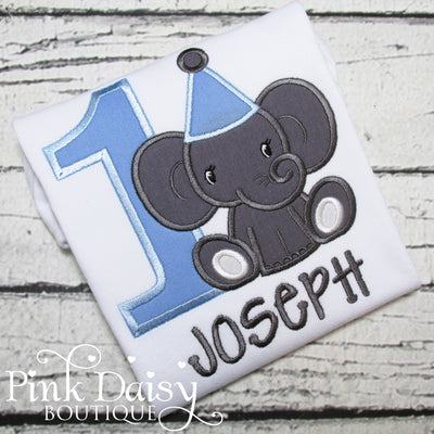 Boys Elephant Appliqué Birthday Shirt in Blue and Gray