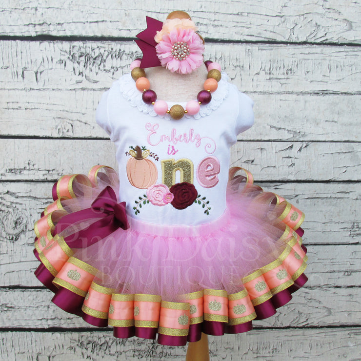 Pumpkin First Birthday Tutu Outfit in Peach, Pink, Maroon, and Gold