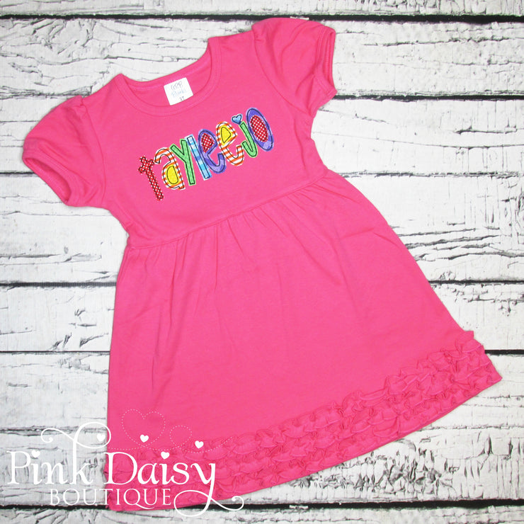 Hot Pink Appliqué Dress with Rainbow Name