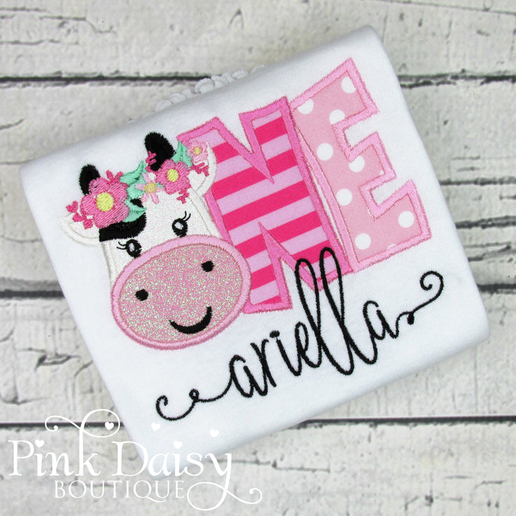 Floral Cow First Birthday Shirt for Girls