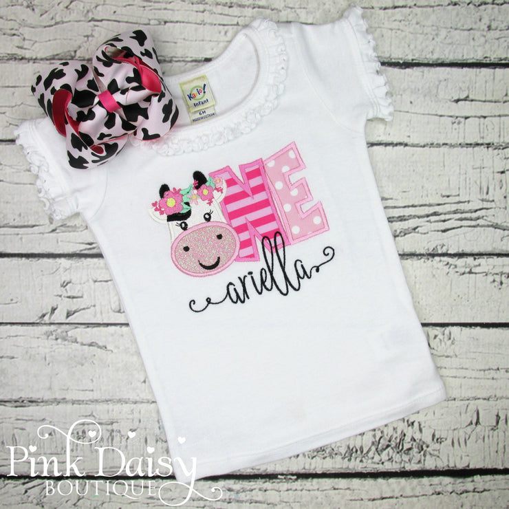 Floral Cow First Birthday Shirt for Girls