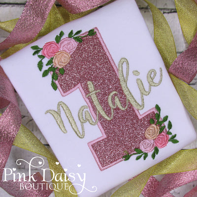 Rose Gold Birthday Shirt with Floral Accents
