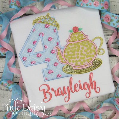 Tea Party Birthday Shirt with Floral Accents