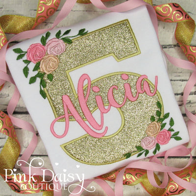 Gold Floral Birthday Shirt with Floral Accents