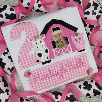 Girls Barnyard Embroidered Birthday Shirt with Pink Barn and Farm Animals with Floral Accents