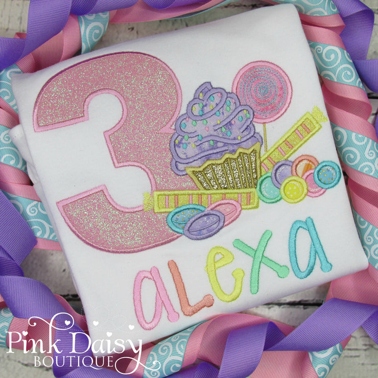 Candyland Appliqué Birthday Shirt in Pastel Rainbow Colors
