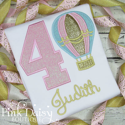 Hot Air Balloon Appliqué Birthday Shirt in Pink, Blue, and Gold