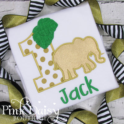 One Wild Year Birthday Shirt for Boys with Elephant and Tropical Leaves