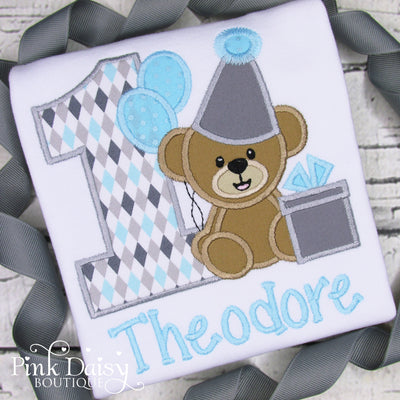 Teddy Bear Birthday Shirt for Boys in Blue and Gray