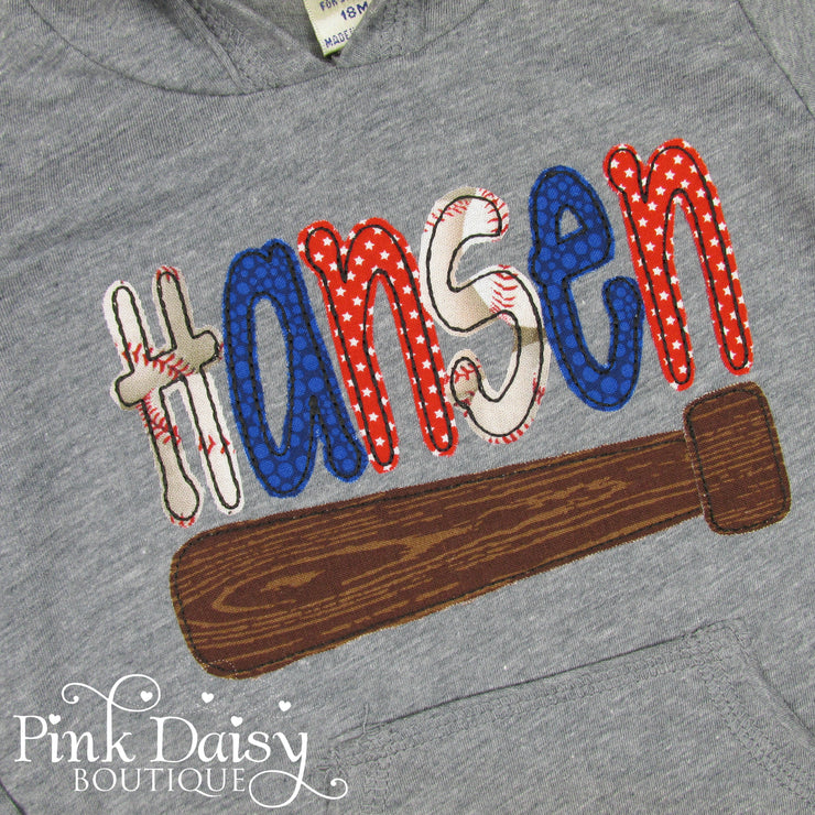 Personalized Hooded Tee - Baseball Theme in Red and Blue