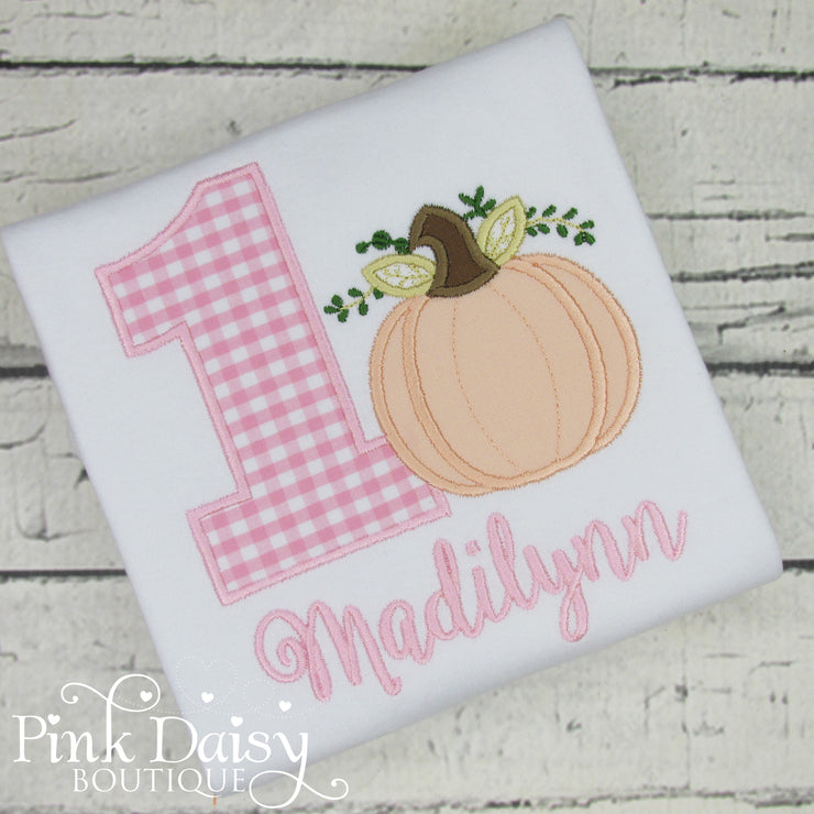 Pumpkin Birthday Shirt for Girls in Pink Gingham and Peach