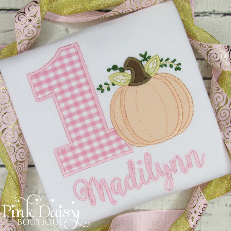 Pumpkin Birthday Shirt for Girls in Pink Gingham and Peach