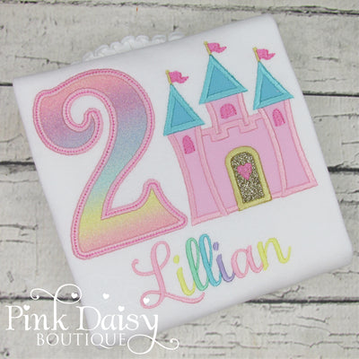 Personalized Princess Castle Appliqué Birthday Shirt in Pastel Rainbow Colors
