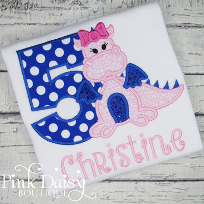 Personalized Dragon Appliqué Birthday Shirt for Girls in Pink and Blue