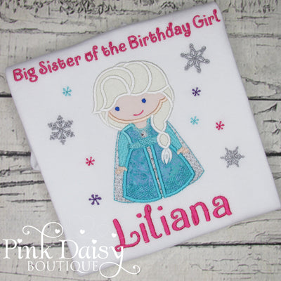 Big Sister of the Birthday Girl Personalized Ice Queen Appliqué Shirt with Snowflakes