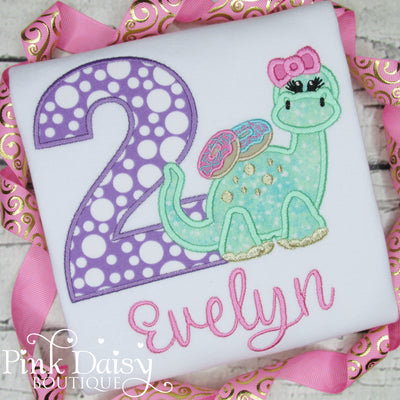 Donuts and Dinos Appliqué Birthday Shirt for Girls in Purple, Pink, and Green