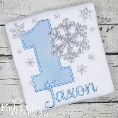 Boys Winter ONEderland Birthday Shirt with Snowflakes in Light Blue and Silver