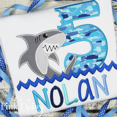 Personalized Shark Appliqué Birthday Shirt for Boys in Shades of Blue