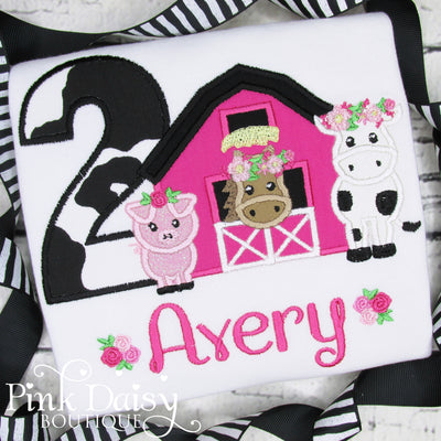 Girls Barnyard Embroidered Birthday Shirt with Pink Barn and Farm Animals with Floral Accents