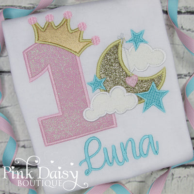 Moon and Stars Appliqué Birthday Shirt for Girls in Pink, Aqua, and Gold