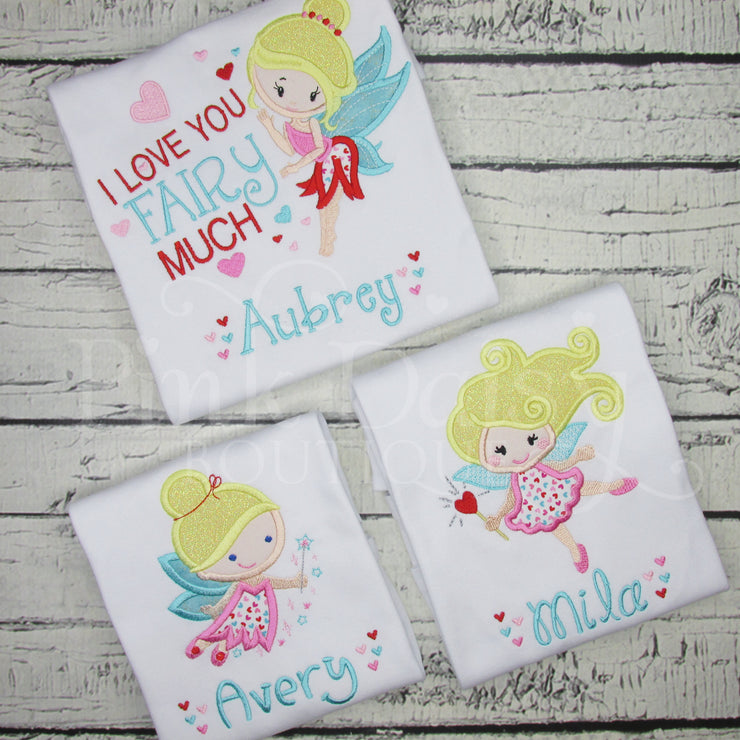 Girls Valentine's Day Shirt with Fairy and Hearts in Pink, Aqua, and Red