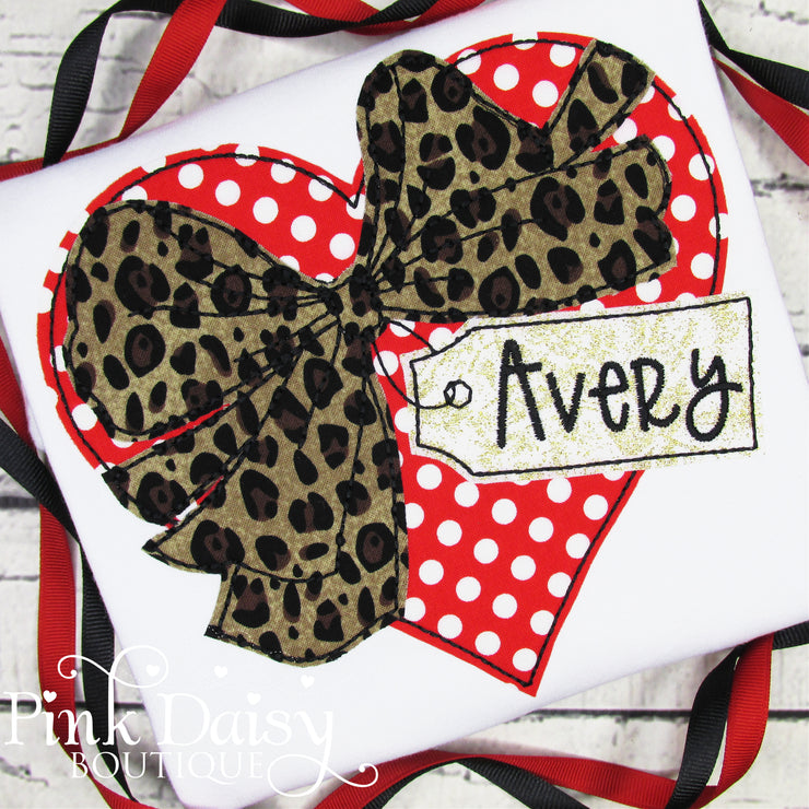 Personalized Valentine's Day Heart with Bow Applique Shirt for Girls in Red and Leopard Print