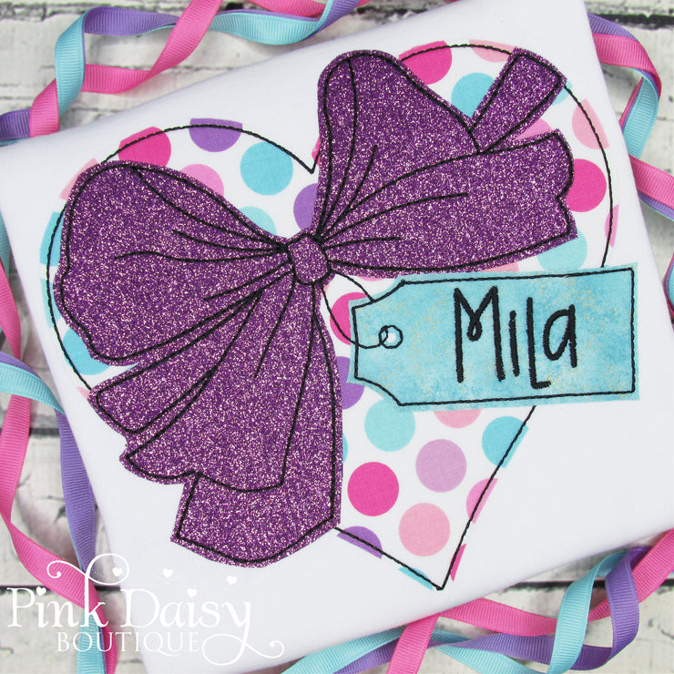Personalized Valentine's Day Heart with Bow Applique Shirt for Girls in Purple, Pink, and Aqua