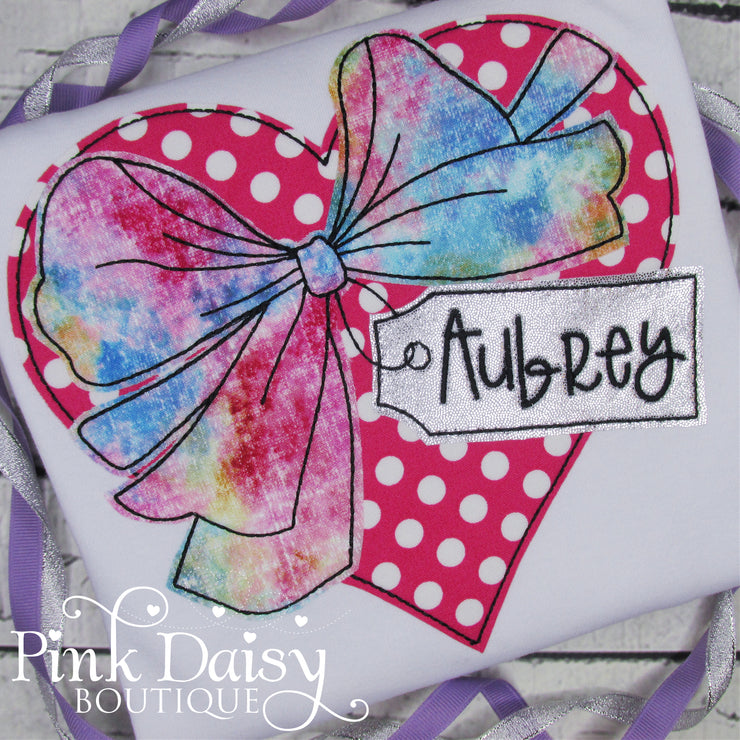 Personalized Valentine's Day Heart with Bow Applique Shirt for Girls in Pink and Rainbow
