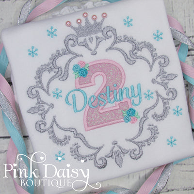 Personalized Winter Wonderland Princess Birthday Shirt with Snowflakes in Pink, Silver, and Aqua