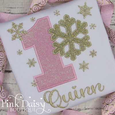 Winter ONEderland Birthday Shirt for Girls with Snowflakes in Pink and Gold