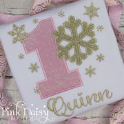 Winter ONEderland Snowflake Ribbon Trimmed Tutu Birthday Outfit for Girls in Pink and Gold