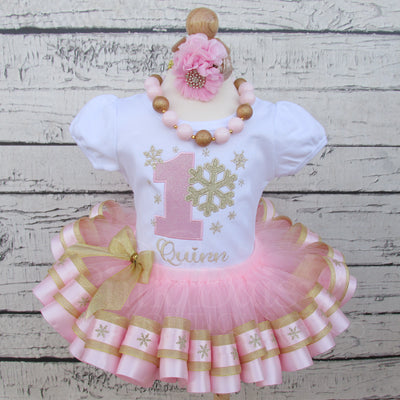 Winter ONEderland Snowflake Ribbon Trimmed Tutu Birthday Outfit for Girls in Pink and Gold